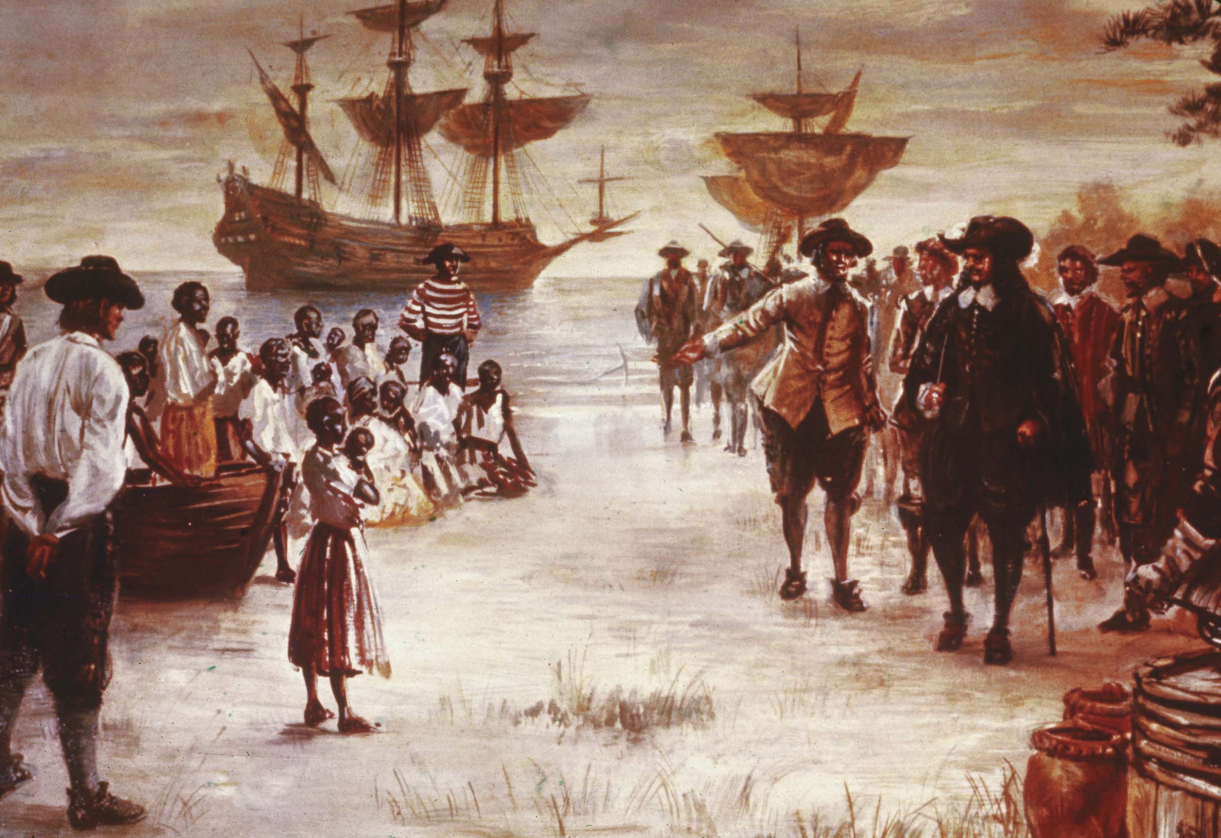 Slave traders pointing at kidnapped African people on the shores of Jamestown