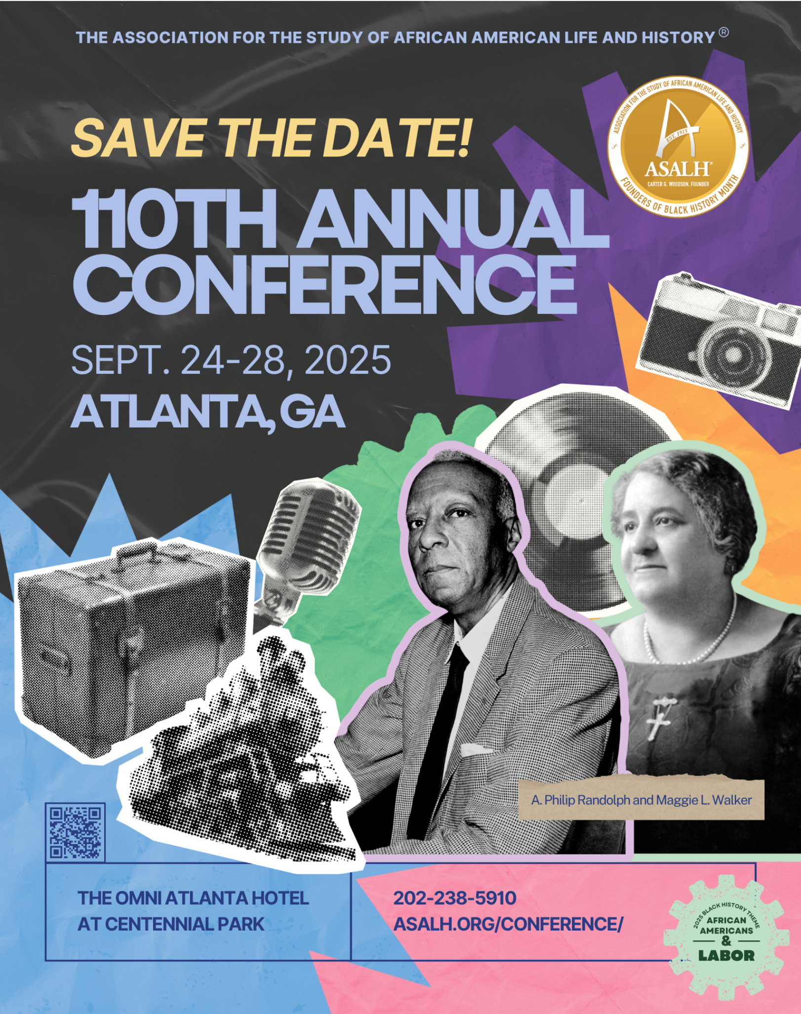 Promotional flyer for the 110th ASALH Annual Meeting and Conference. The top half includes the ASALH logo and event details: “Association for the Study of African American Life and History – 110th Annual Meeting and Conference,” taking place September 24–28, 2025, in Atlanta, Georgia. The theme is “African Americans and Labor.” The lower half highlights a featured roundtable session titled “Something Old, Something New: The Criminal Enslavement of 500,000 Black Colonials and Afrofuturism in the 21st Century,” presented by Larry Kenneth Alexander, Founder & President of the Ida B. Wells Center on American Exceptionalism and Restorative Justice. Additional participants are listed, with Dr. Timothy McKeown confirmed. The design uses formal fonts and historical imagery in shades of gold and brown, evoking heritage and reflection.